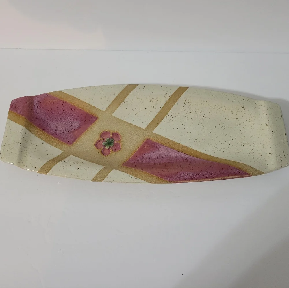 Hand Crafted Art Pottery Trinket Tray Pink Cream Flower Detail